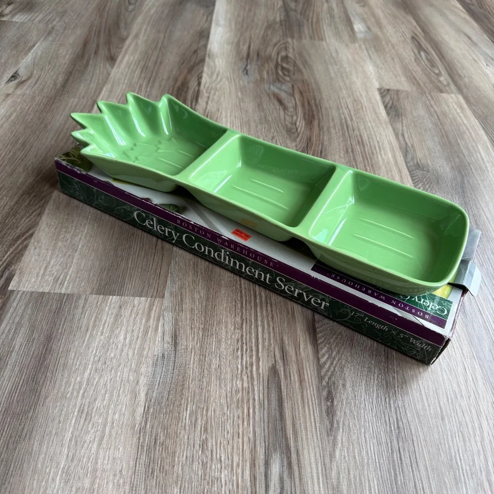 Vintage Boston Warehouse Celery Condiment Server Green Ceramic 3 Section Tray